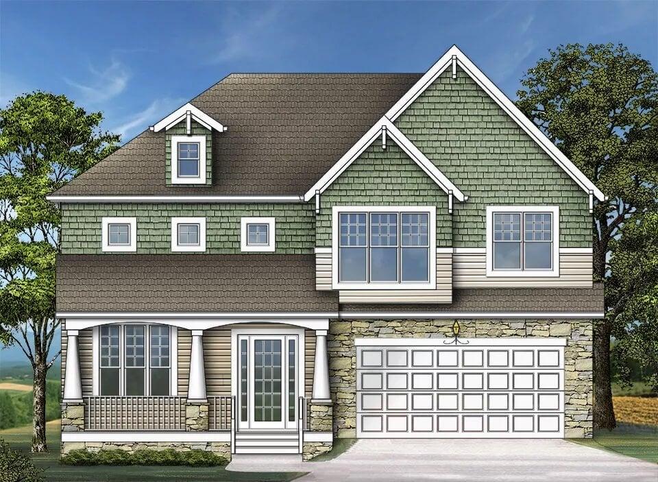 Craftsman Style with Green Shingle Accents and Dormer Windows