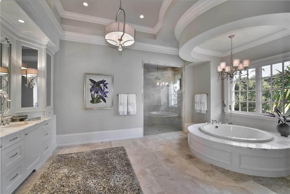 Elegant Bathroom with a Spacious Walk-In Shower and Luxurious Tub