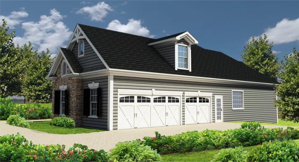 Charming Three-Car Garage with Gable Roof and Stone Detailing