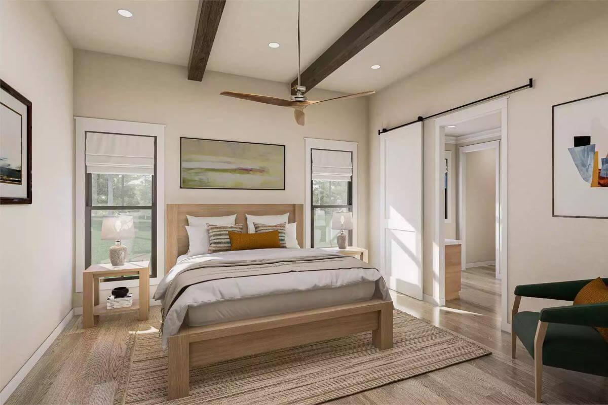 Peaceful Bedroom Retreat with a Touch of Warmth From Wooden Beams