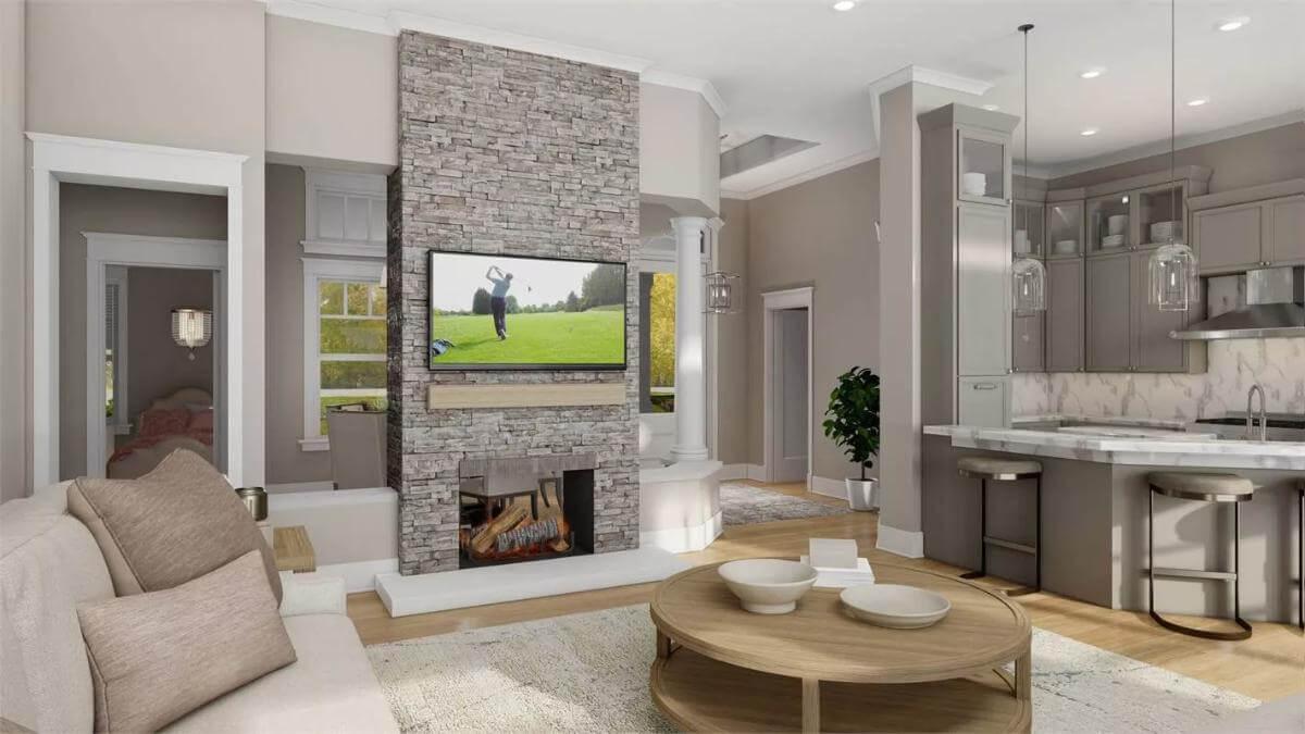 Admire the Stacked Stone Fireplace as the Centerpiece of This Living Space