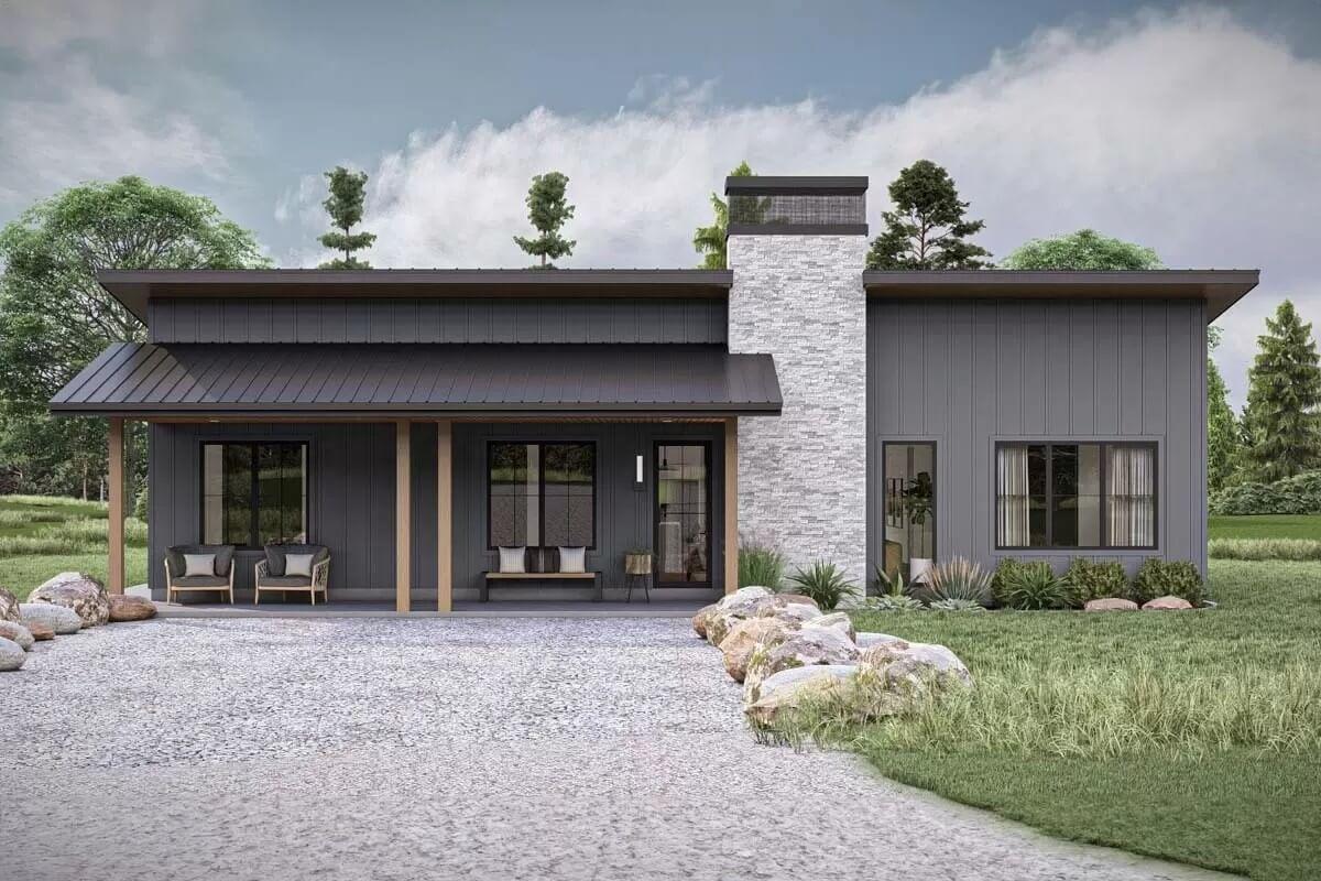 Stylish Simplicity with Vertical Siding and a Striking Stone Chimney