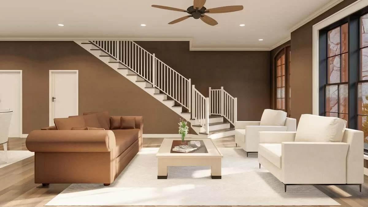 Spacious Living Area with a Bold Contrast and a Sleek Staircase
