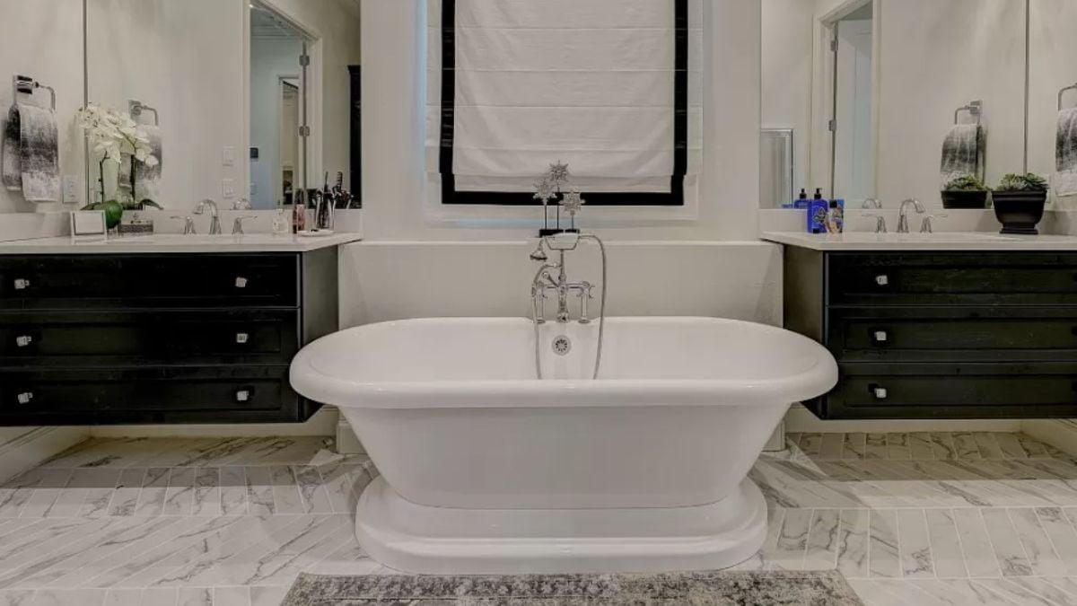 Look at This Freestanding Tub, Nestled Between Dual Vanities