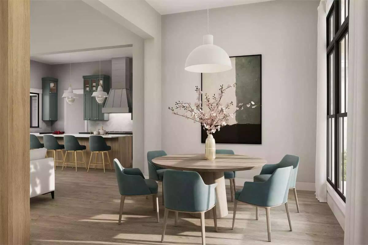 Modern Dining Nook with Soft Blue Chairs and Round Table