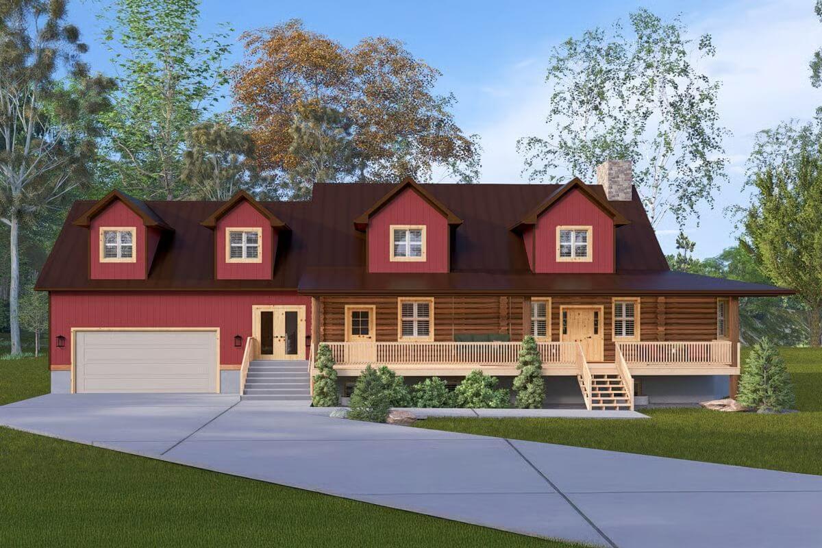 Classic Log Cabin with Charming Red Dormers and Spacious Porch