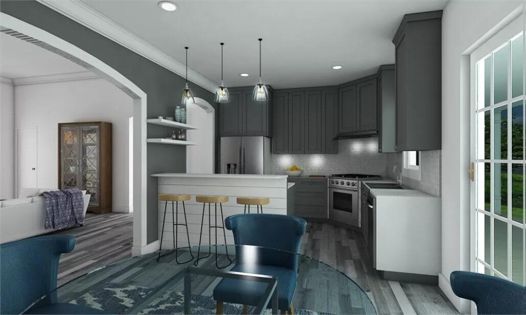Step Into This Stylish Kitchen with Sleek Dark Cabinets and Open Shelving