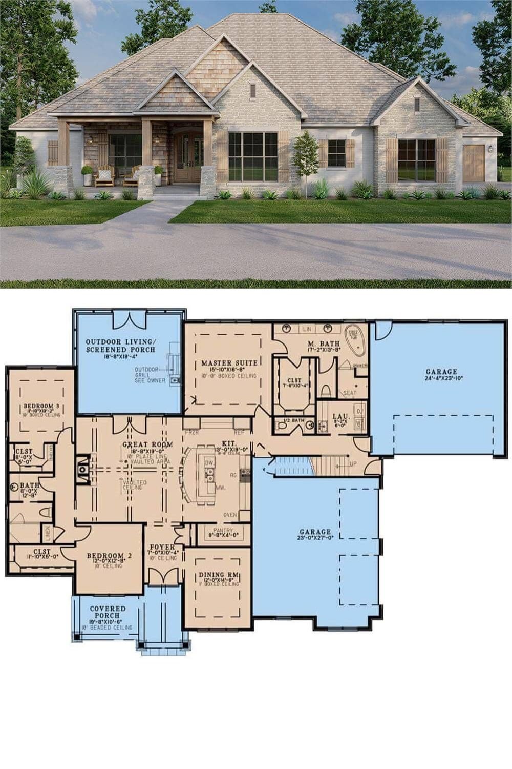 This arts and crafts home combines refined craftsmanship with timeless curb appeal, featuring a mix of stone and shingle textures across a multi-gabled roofline. Wooden columns frame the welcoming front porch, while shutters and oversized windows enhance the warm, artisan-inspired aesthetic.