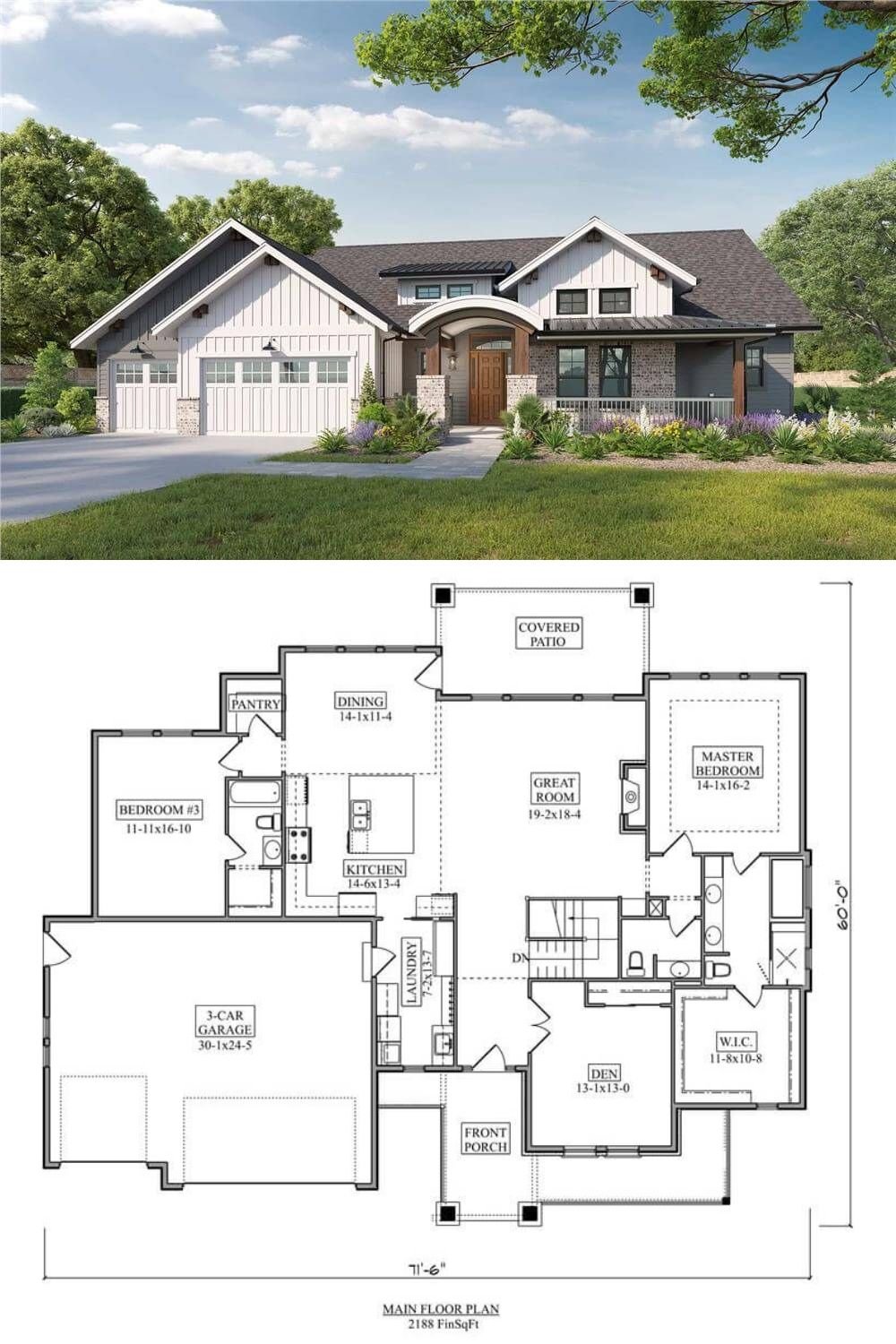 This contemporary-style home combines classic character with modern appeal through its blend of board and batten siding, stone accents, and rich wood detailing. A gracefully arched entryway draws attention to the front door, while gabled rooflines and a balanced window layout give the façade both symmetry and charm. The three-car garage features carriage-style doors that seamlessly complement the home’s rustic elegance.