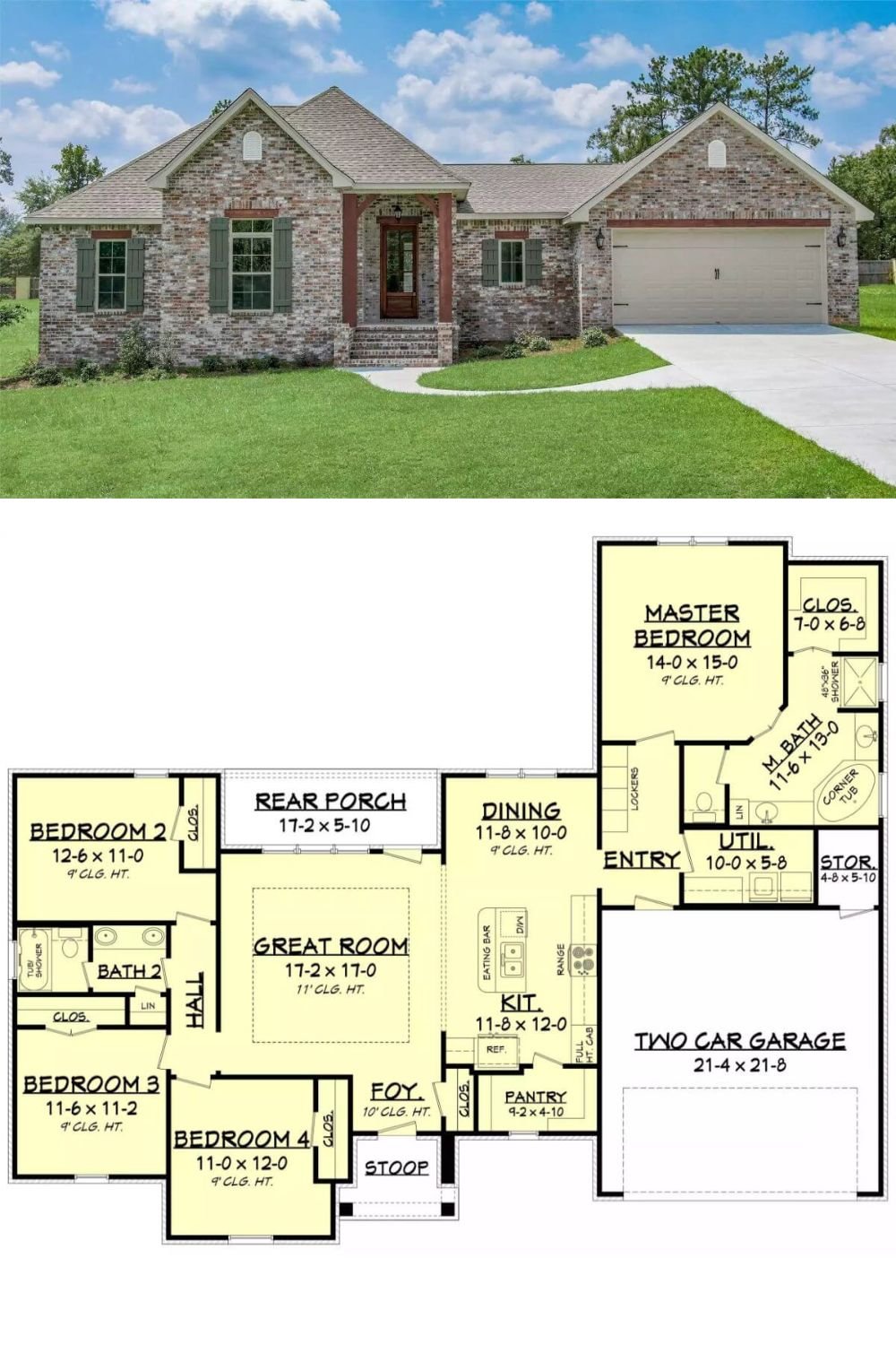 This 4-bedroom brick home exudes classic country appeal with its gabled rooflines, welcoming front stoop, and rich blend of red and earth-toned brick. Board and batten shutters frame the windows, and natural wood columns add warmth to the covered entryway, creating a balanced blend of rustic and refined design. The attached two-car garage is seamlessly integrated into the structure, giving the façade a clean and cohesive look.