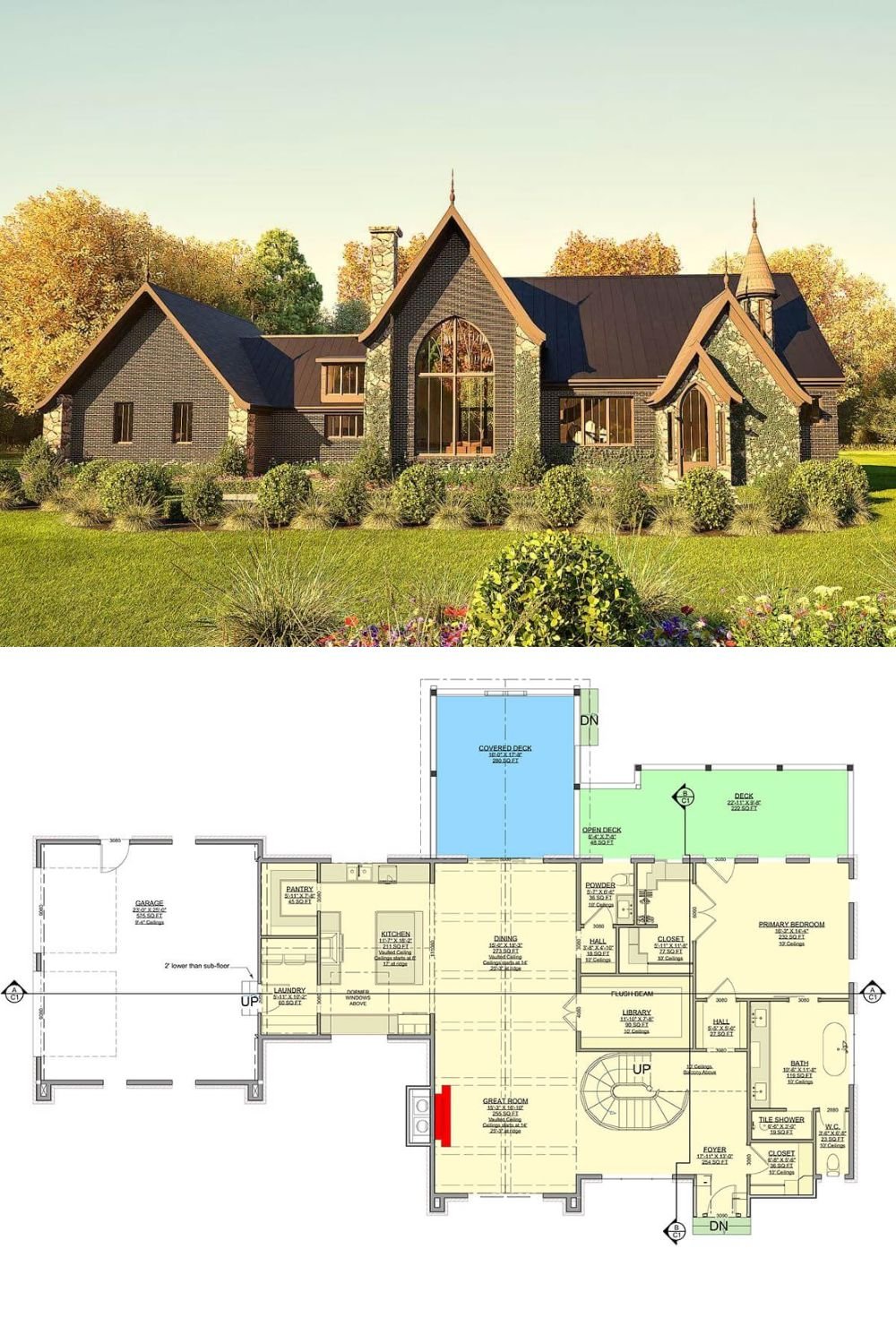This European-inspired home exudes storybook charm with its steeply pitched gables, ivy-covered stone accents, and a distinctive turret feature. Dark brickwork combined with warm brown trim and a metal roof create a striking contrast that enhances the home's dramatic silhouette. Expansive arched windows and intricate wood detailing around the entryway add to the sophisticated, old-world aesthetic. Stone chimneys and finely crafted dormers complete the exterior's elegant and timeless look.
