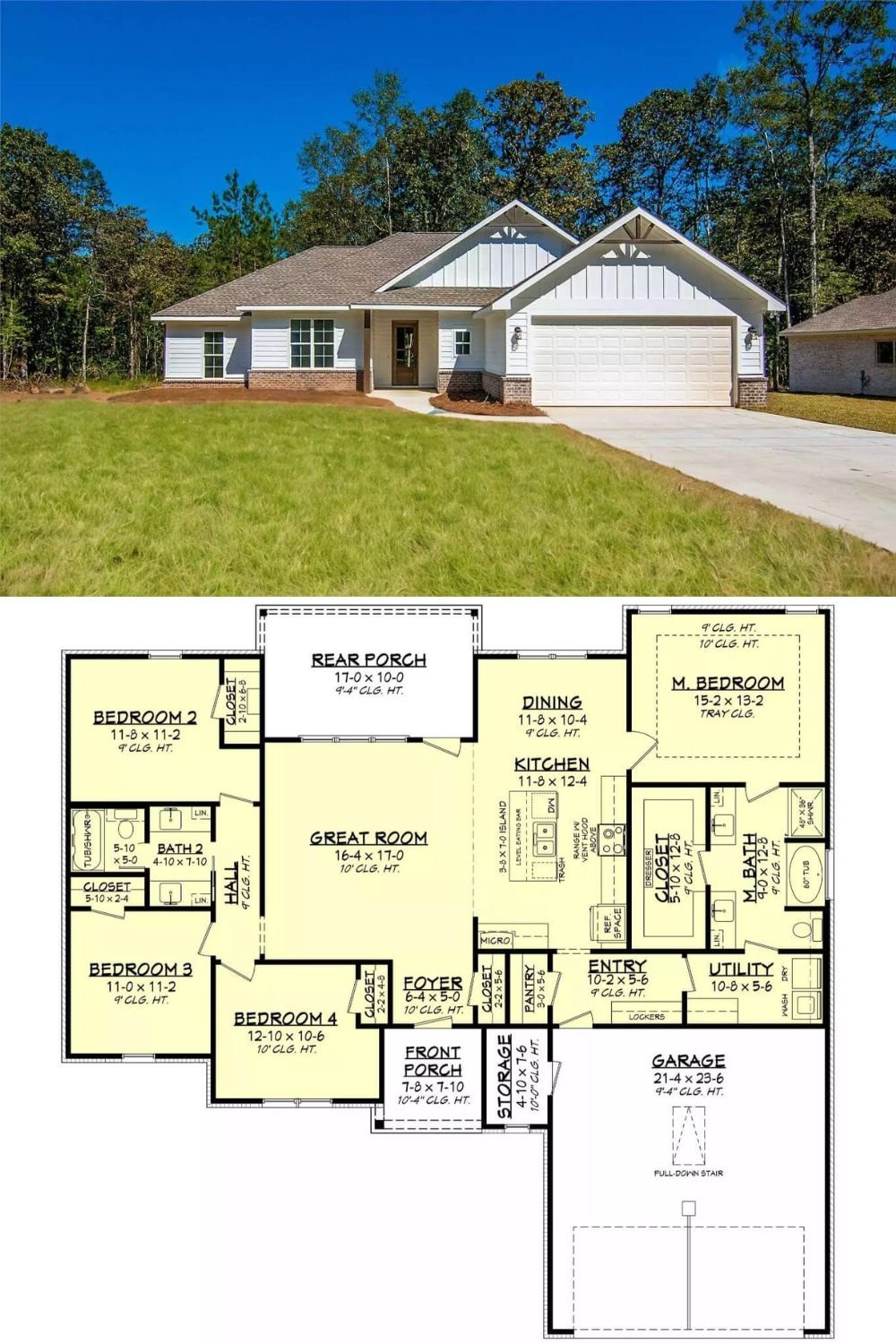 This 4-bedroom modern farmhouse presents a clean, inviting exterior with a mix of traditional and contemporary styling. The crisp white siding is accented with board and batten detailing and brick skirting, offering a timeless look with a modern twist. The gabled rooflines and decorative trusses enhance the architectural appeal, while the covered front porch welcomes guests with a warm, understated elegance.