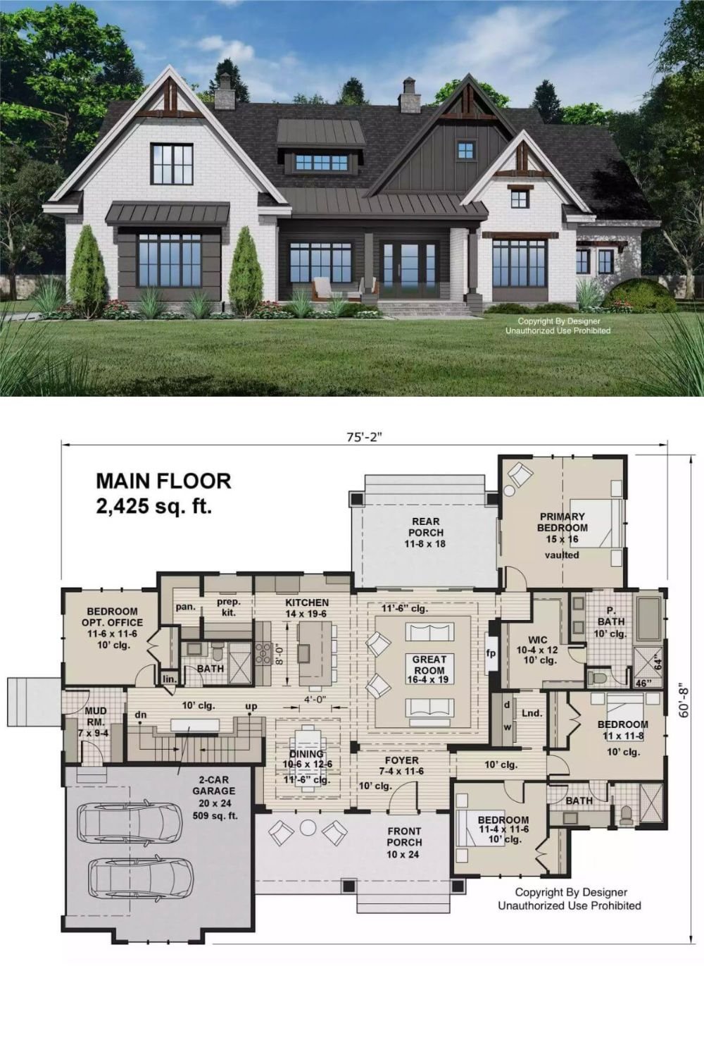 This modern farmhouse presents a striking blend of classic charm and updated design elements, showcasing a mix of white brick and dark vertical siding, contrasted with black metal roof accents and gable trusses for a bold, contemporary twist on traditional farmhouse style. Tall windows throughout ensure ample natural light, and the welcoming covered porch offers a cozy space to relax or entertain.
