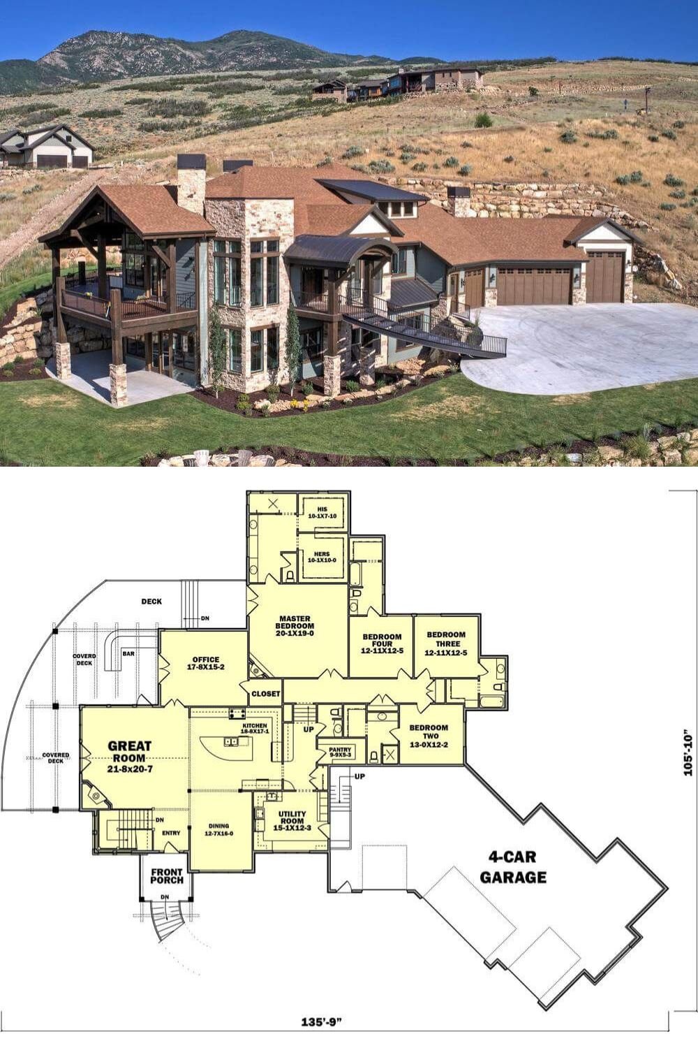 This ranch-style estate blends rustic luxury with modern mountain architecture, featuring a dramatic exterior of stone, timber beams, and metal accents. Expansive windows span the rear elevation, showcasing panoramic views and inviting natural light throughout the interior. The sloped rooflines and multiple decks and balconies create dimension and character, while a stately front entry is complemented by a sweeping circular driveway and a four-car garage.