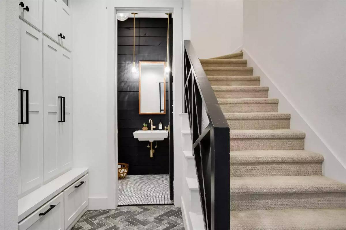 Notice the Striking Contrast in This Small Powder Room