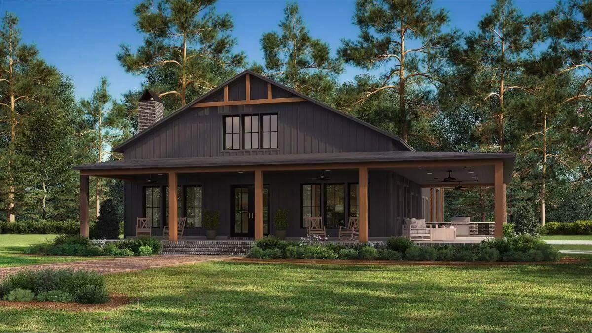 Modern Farmhouse with a Wraparound Porch and Rustic Charm