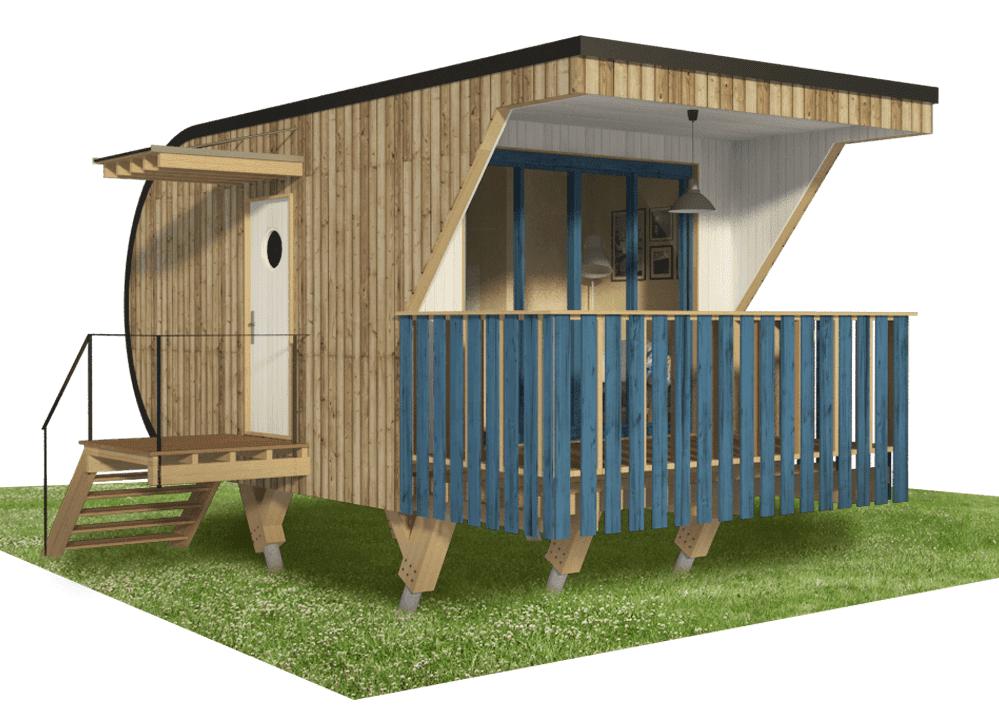 Compact Cabin with a Bold Blue Balcony