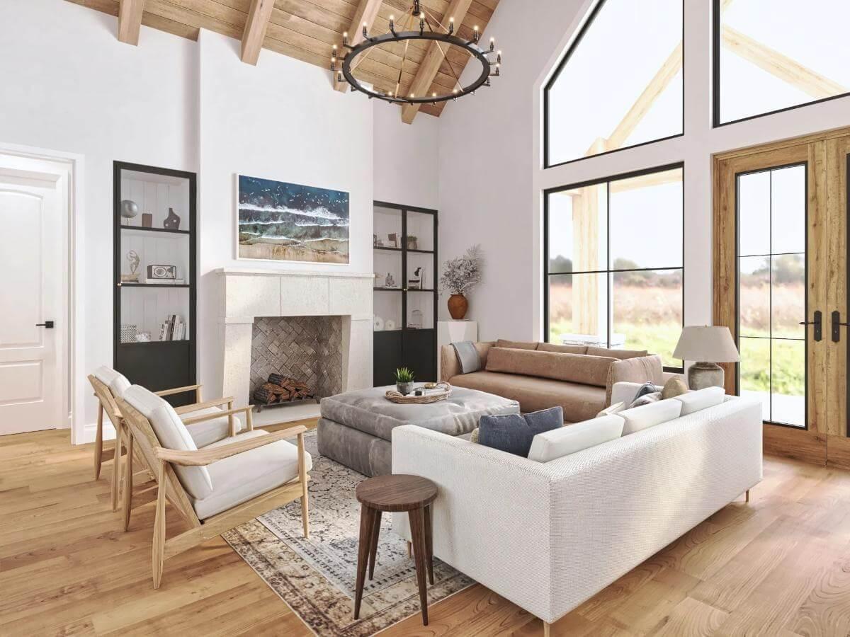Wood Beam Ceiling and Sleek Modern Fireplace in the Living Room