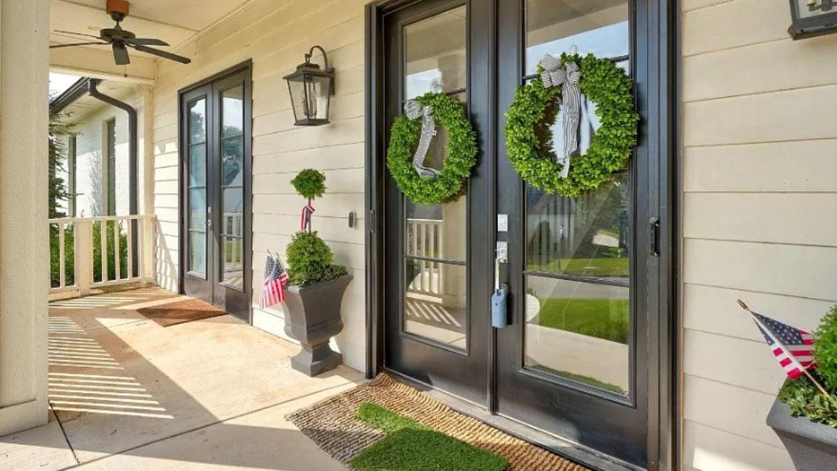 Notice the Adorable Double Wreaths on the Black French Doors
