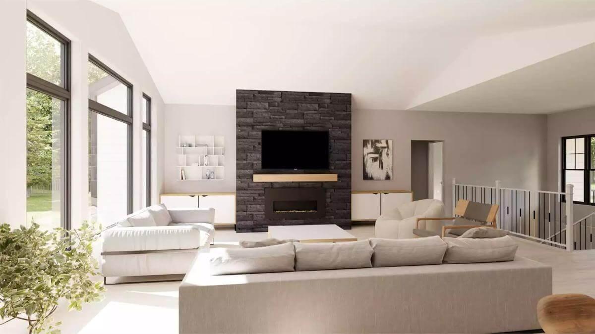 Modern Living Room with a Bold Stone Fireplace
