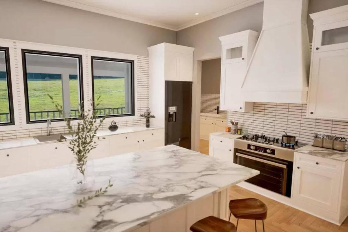 Wow, That Marble Island Really Steals the Show in This Bright Kitchen