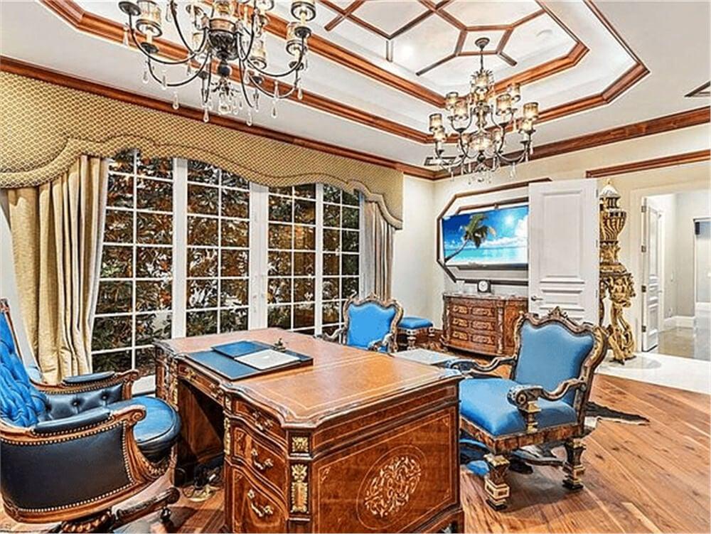Step into This Opulent Office with Rich Timber Details and Bright Blue Accents