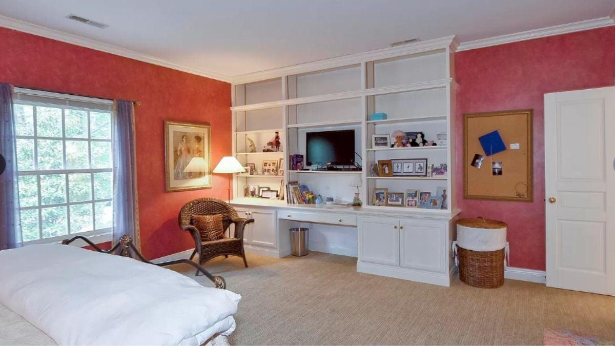 Look at This Built-in Media Wall with Red Accent Walls