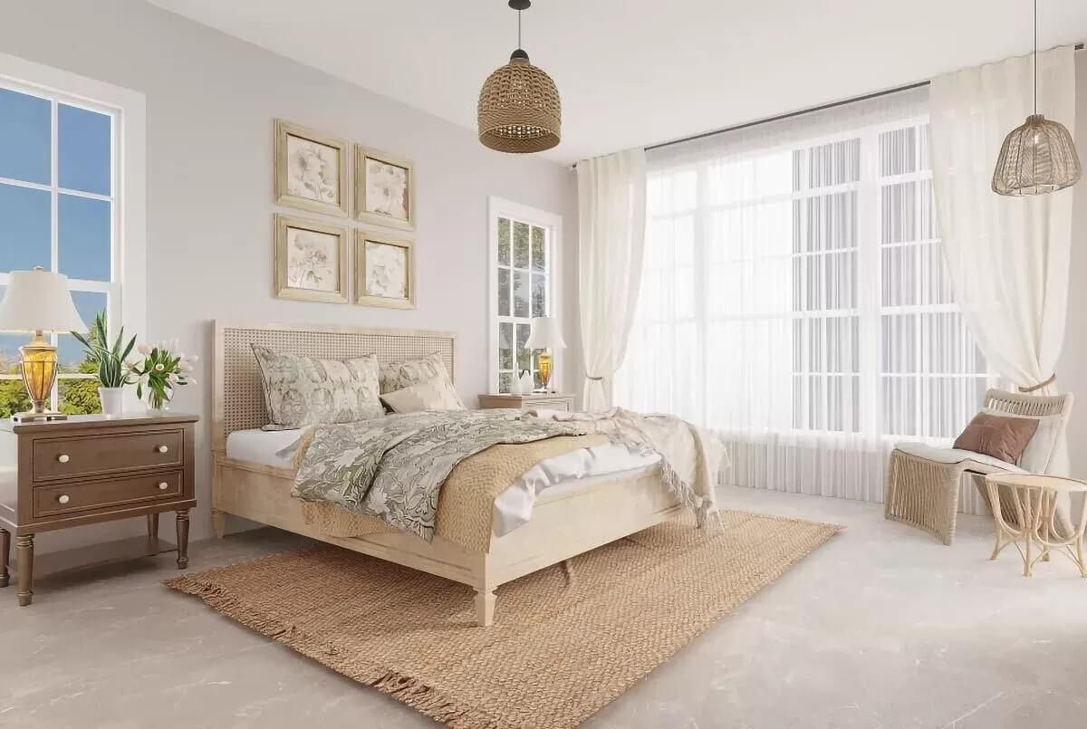 Notice the Natural Texture in This Tranquil Bedroom with Wicker Accents