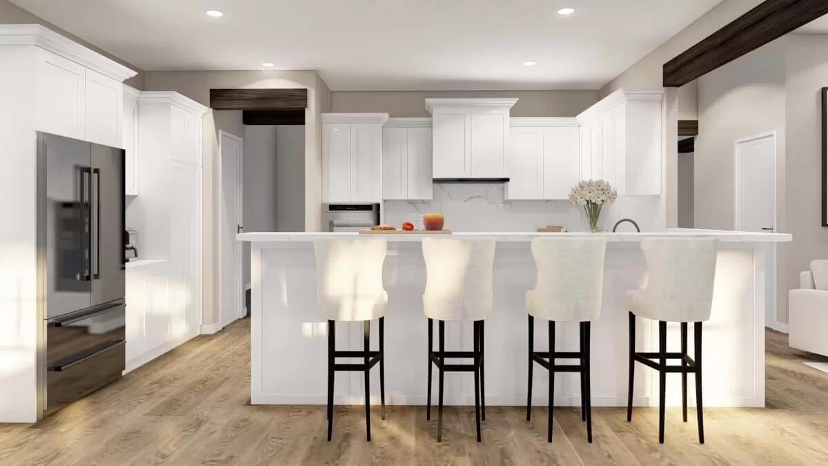 Crisp White Kitchen with a Versatile Breakfast Bar