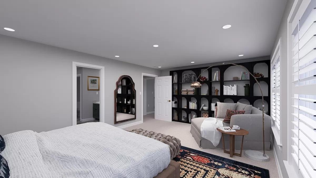 Spacious Bedroom with Built-In Shelves and Comfortable Reading Nook