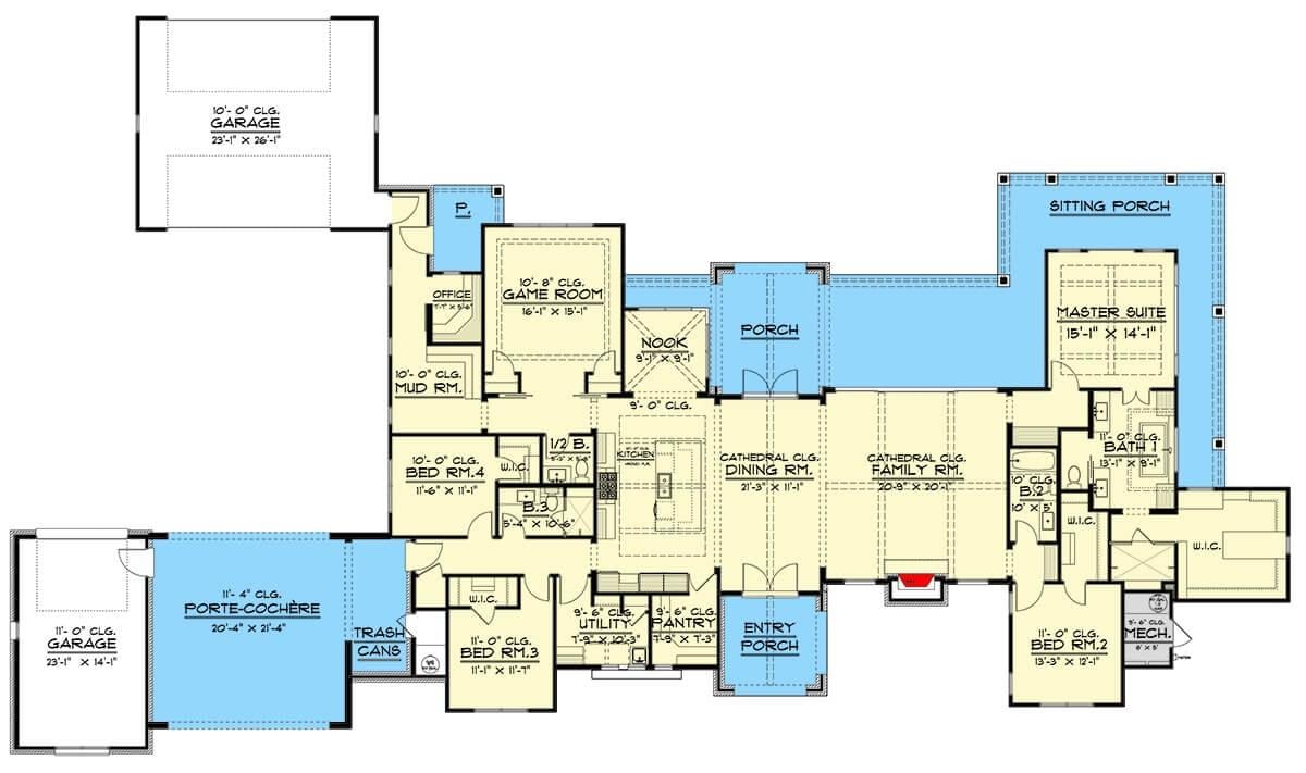 Spacious Craftsman Floor Plan with Secluded Master Suite and Game Room