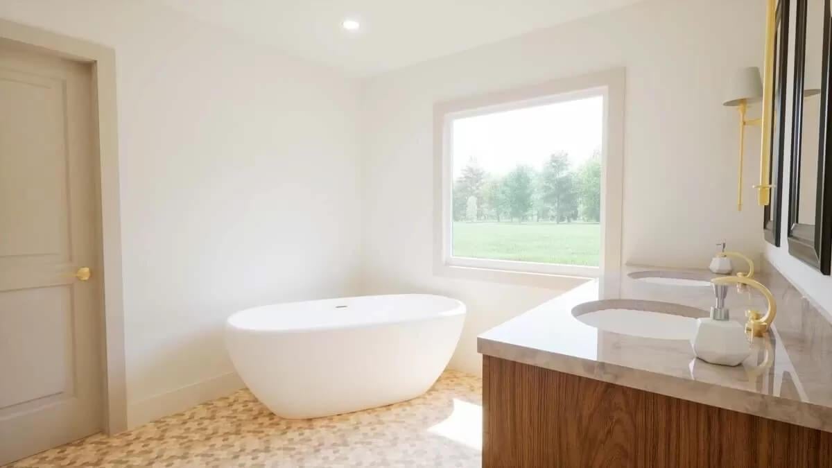 Freestanding Tub with a View in a Minimalist Bath