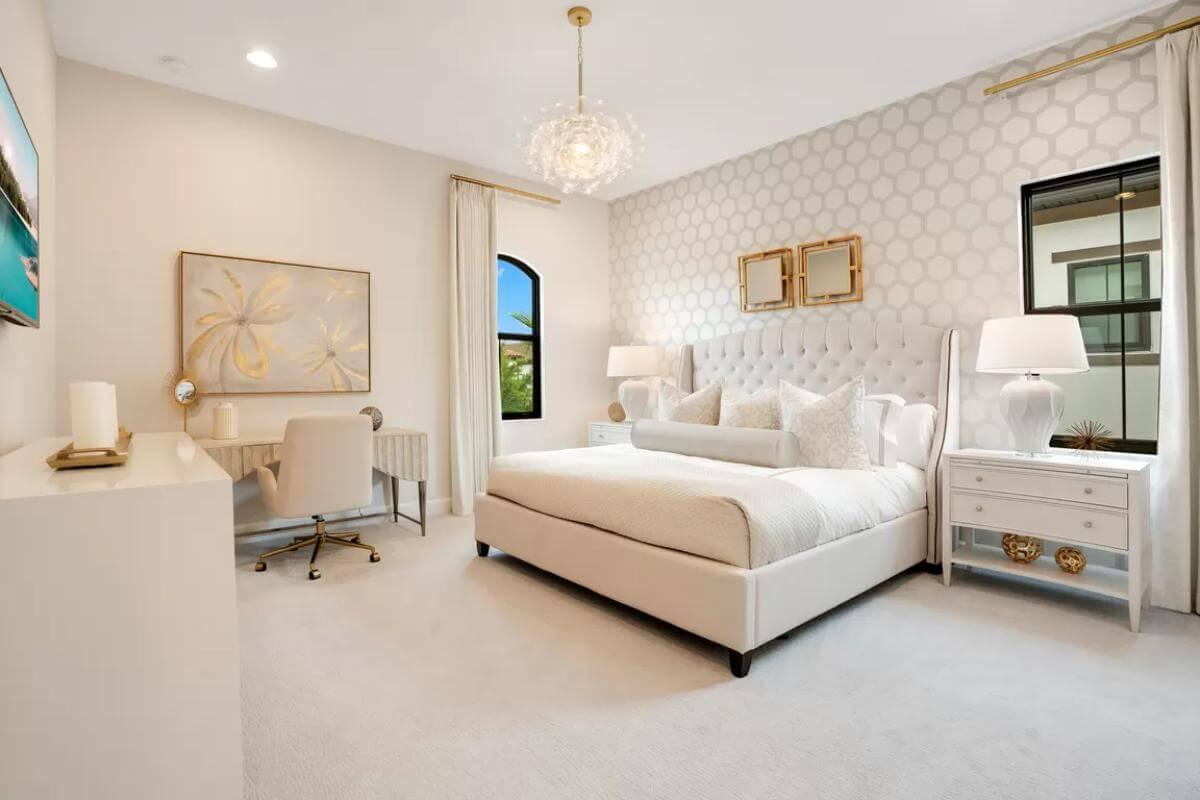 Notice the Honeycomb Wallpaper and Plush Fabrics in This Serene Bedroom