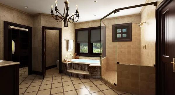 Luxurious Bathroom Retreat with a Corner Tub and Bold Chandelier