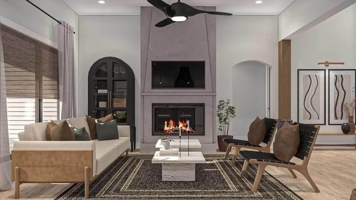 Notice the Striking Contrast with the Arched Cabinet and Modern Fireplace