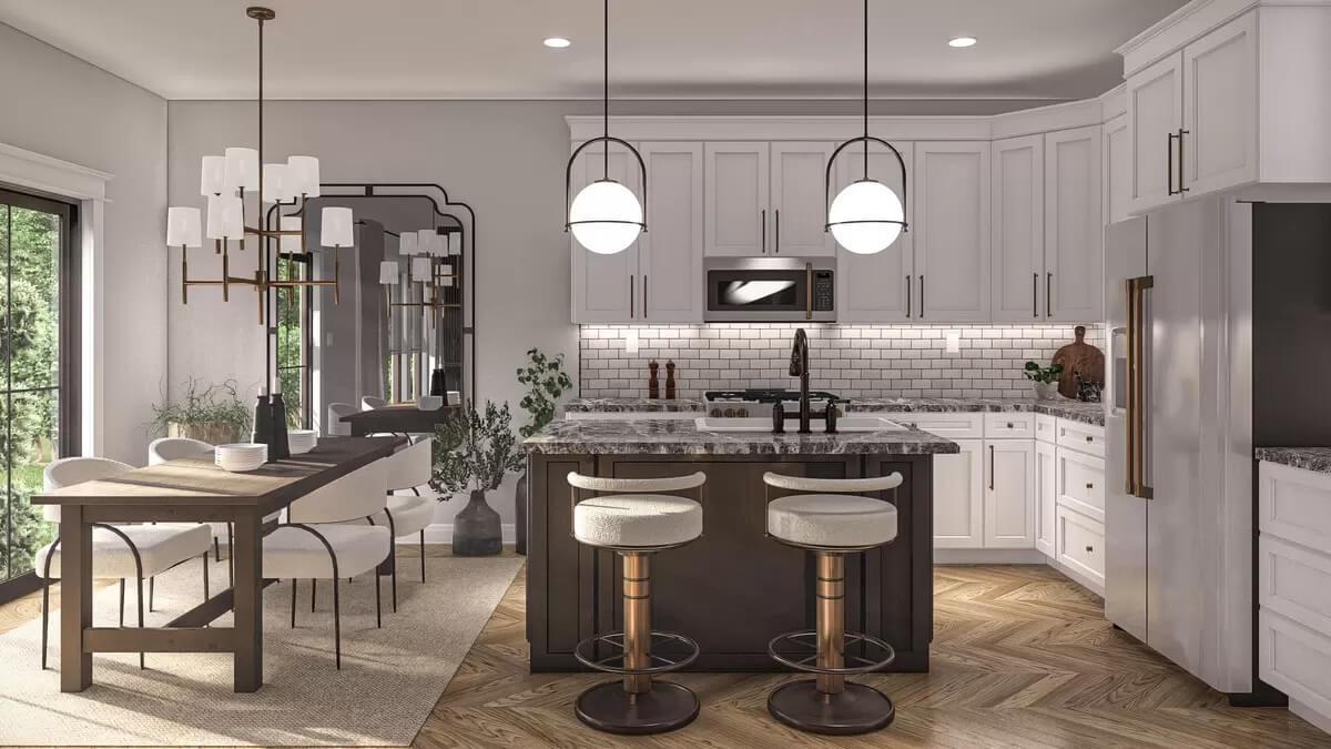 Wow, Notice the Herringbone Floors in This Stylish Kitchen-Dining Combo