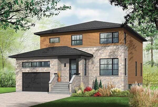 Modern Facade with a Blend of Stone and Wood