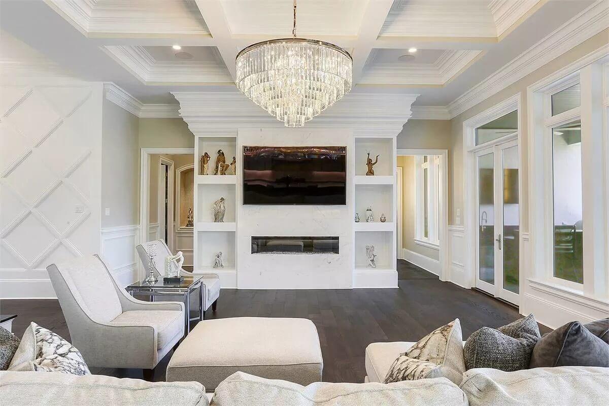 Did You See This Luxurious Living Room with Its Grand Chandelier?