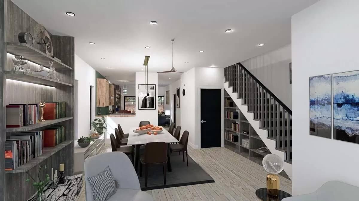 Contemporary Dining Area with Built-in Bookshelf under the Stairs