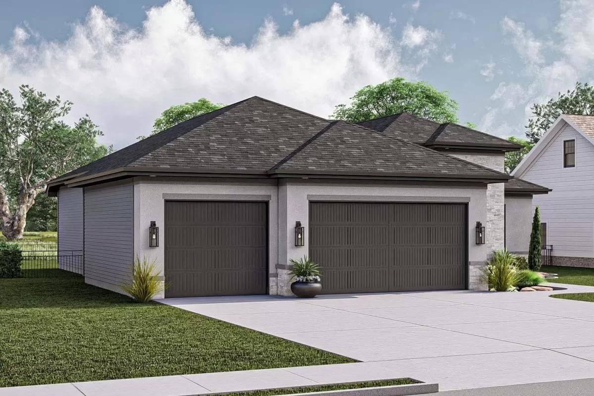 Smartly Integrated Three-Car Garage with Classic Lighting