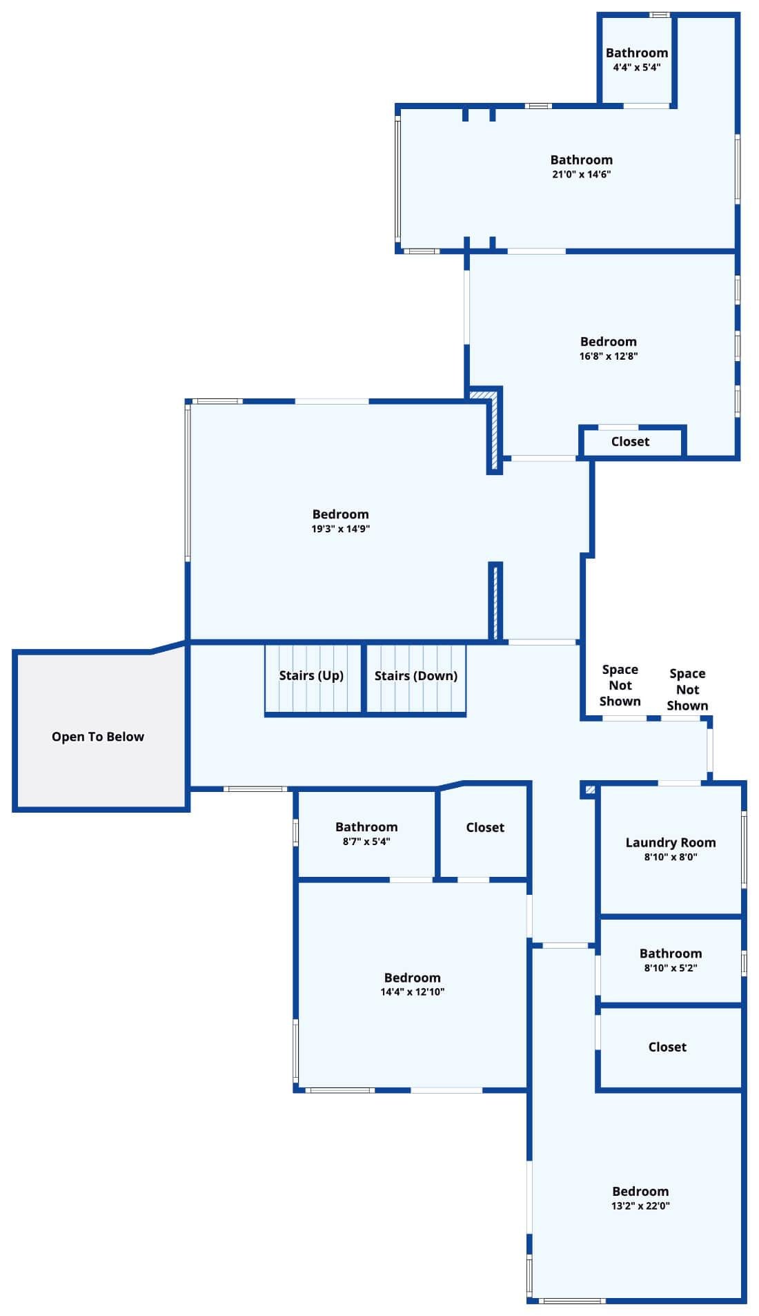 Upper Floor Layout Highlighting Spacious Bedrooms and Functional Laundry Area