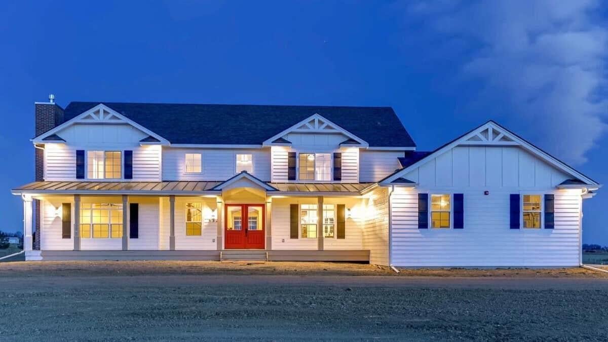 Charming Farmhouse with Striking Red Double Doors