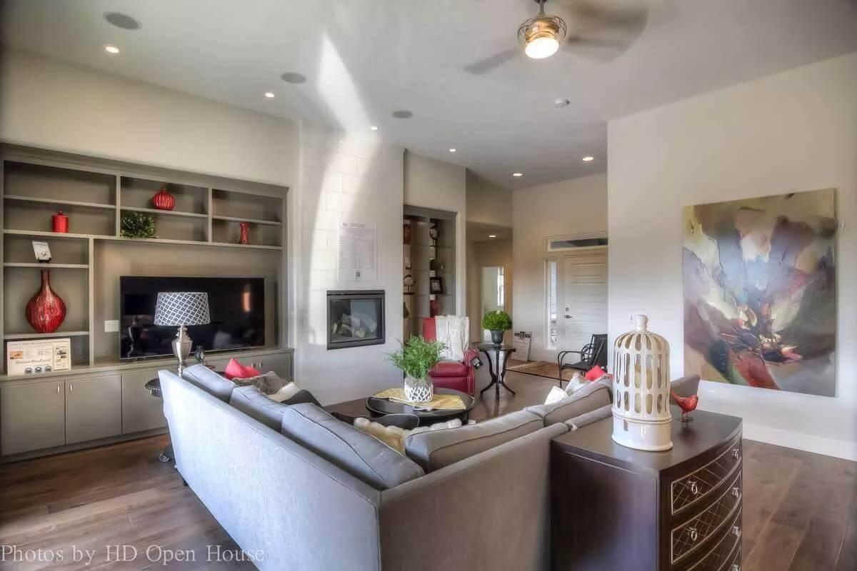 Contemporary Living Room with Built-in Shelves that Pop