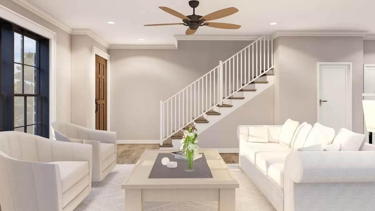 Craftsman Vibes in a Bright Living Room with a Central Staircase