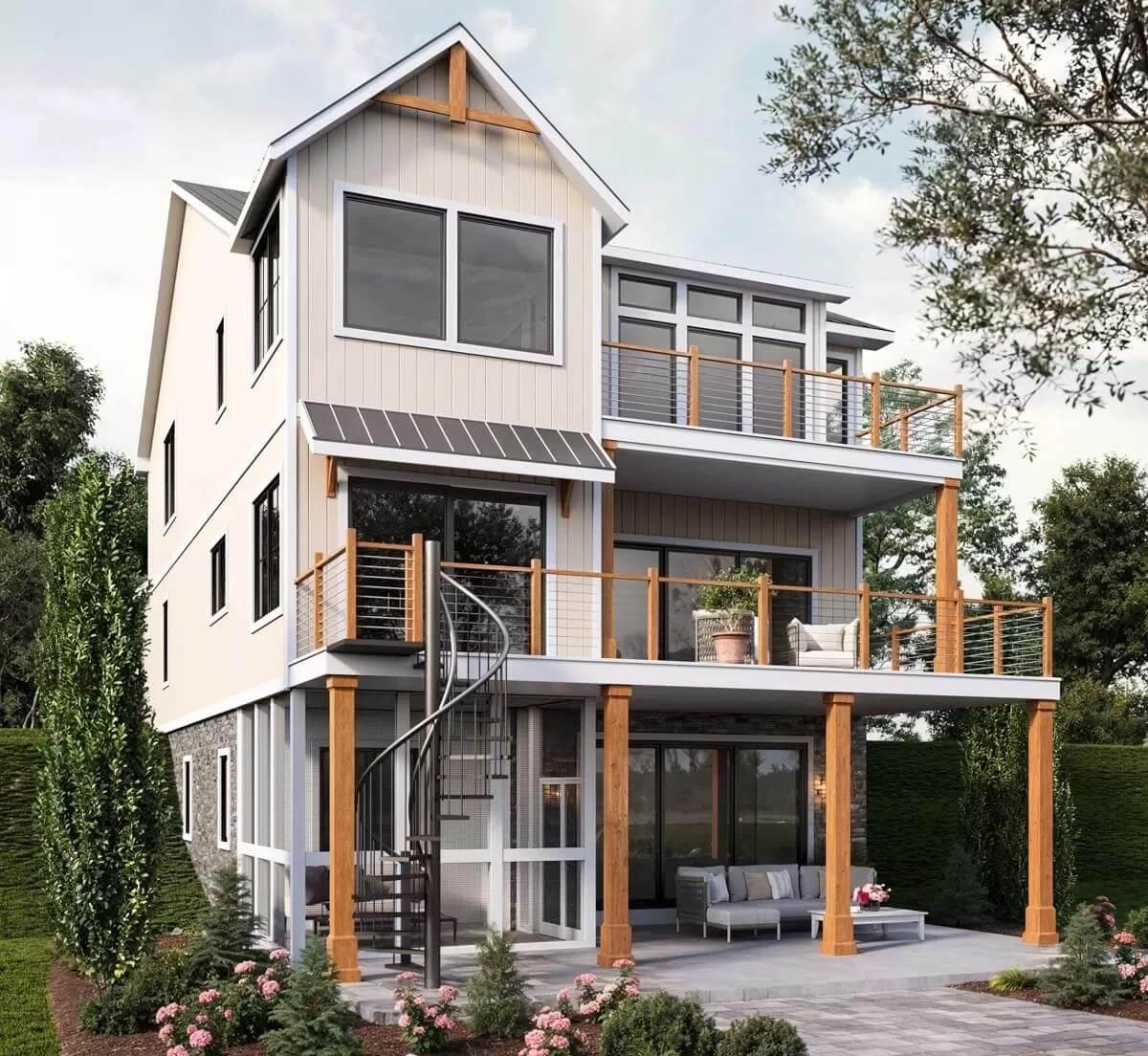 Three-Story Modern Design with Spiral Staircase Stealing the Show