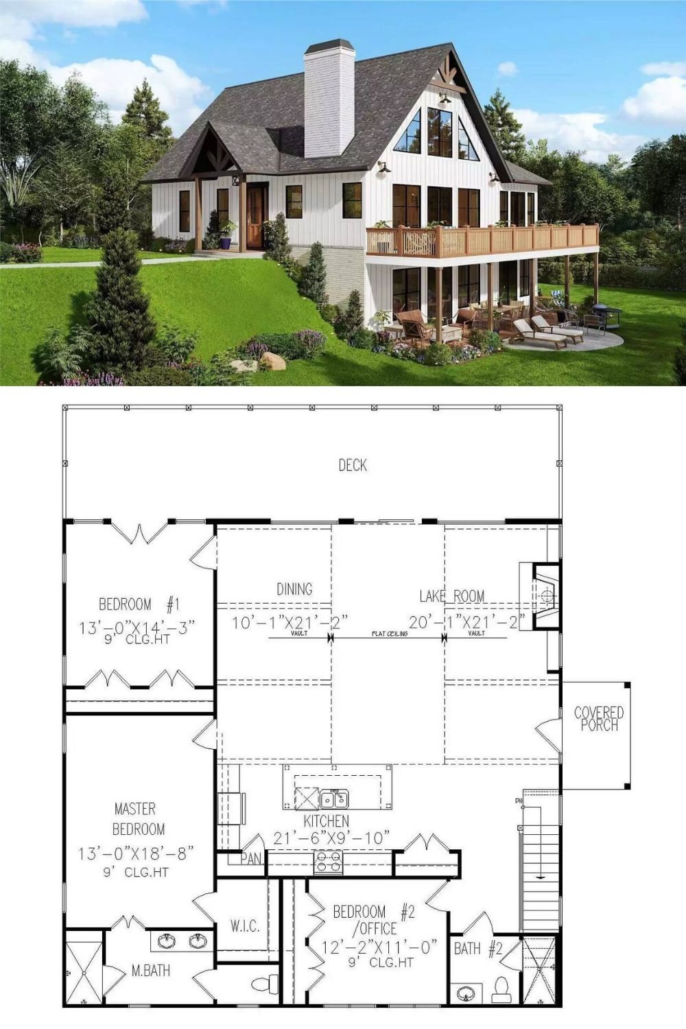 This lake house blends classic charm with modern mountain style, featuring a steeply pitched roofline, board and batten siding, and rustic wood accents. Large windows span both levels, framing scenic views and bringing in abundant natural light. The right side of the home opens to a spacious deck that extends the entire width of the house, offering generous outdoor living space perfect for entertaining or relaxing.