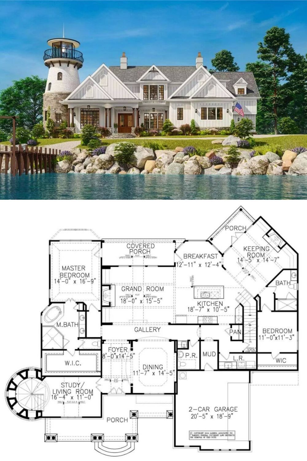 This coastal-inspired home blends nautical character with refined architectural details, featuring board and batten siding, gabled rooflines, and an attached lighthouse tower that creates a truly iconic façade. Symmetrical windows and transom glass welcome natural light, while a stately front porch and twin chimneys add timeless charm to this waterfront-ready retreat.