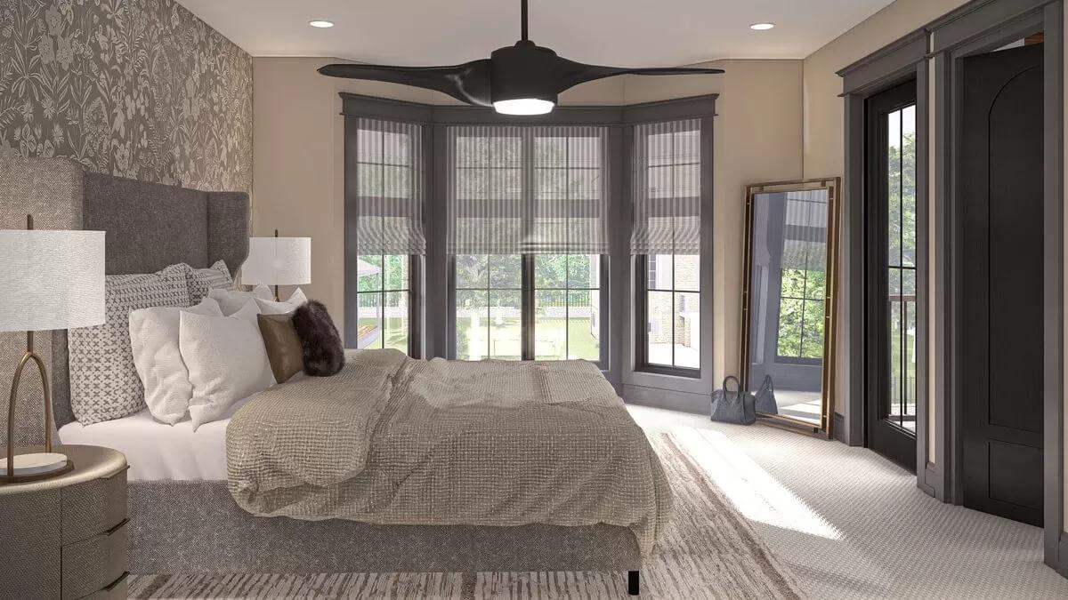 Spot the Striking Black Fan in This Elegant Bedroom Design