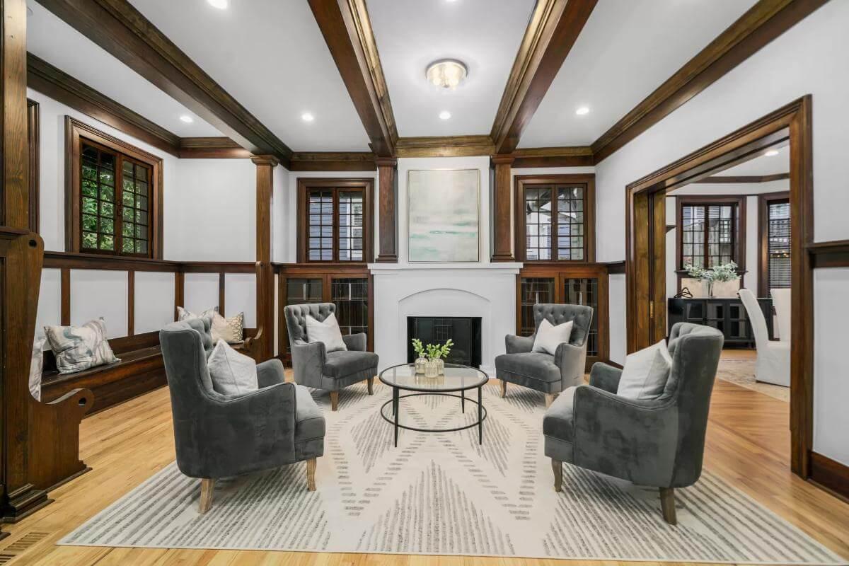 Notice the Rich Wood Beams Framing this Craftsman Living Area