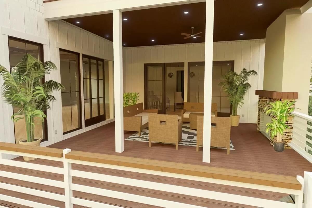 Step Onto This Covered Porch with Striking Vertical Siding and Wooden Accents